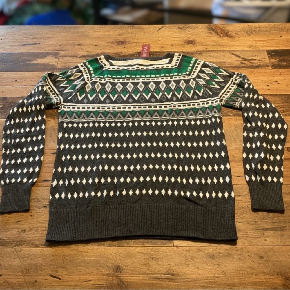 NWT Merona Women's Fair Isle Crew Neck Sweater Dark Gray Green White XL